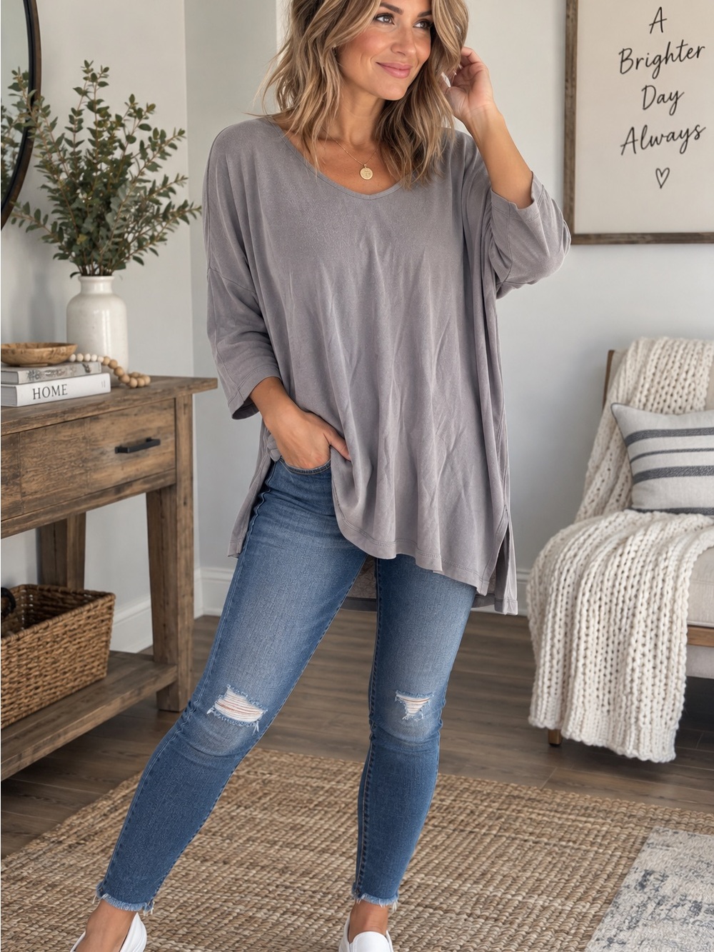 Pure Jill Gray Relaxed 3/4 Sleeve High Low Tunic Top Size M